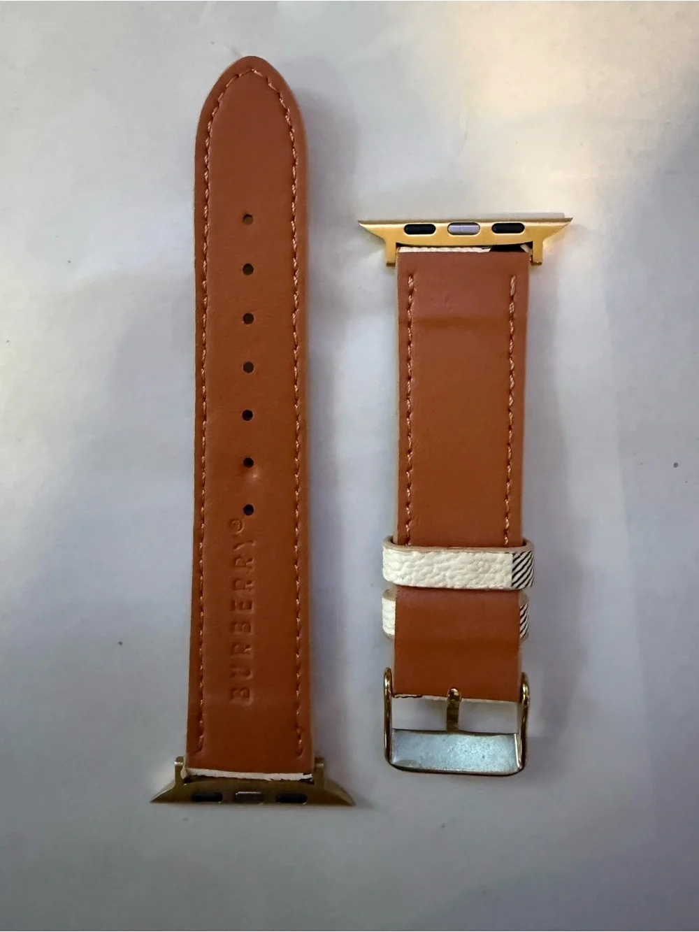 Burberry Cream Plaid Leather Watch Band with Gold Hardware for Ultra 49mm